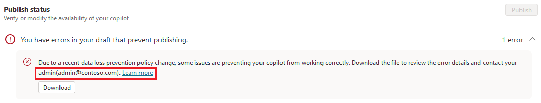 Screenshot einer Fehlermeldung zur Datenrichtlinie in Copilot Studio, mit hervorgehobener E-Mail-Adresse und Link 