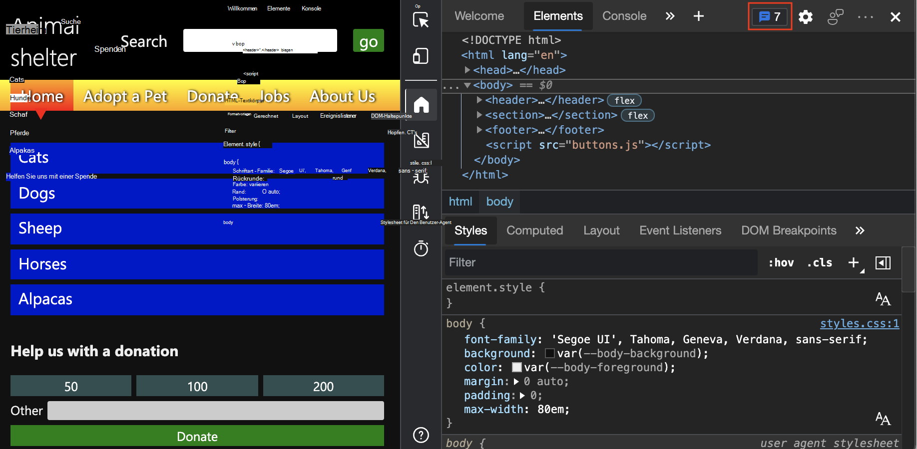 The Issues counter in DevTools, der angibt, wie viele Probleme im aktuellen Dokument vorhanden sind