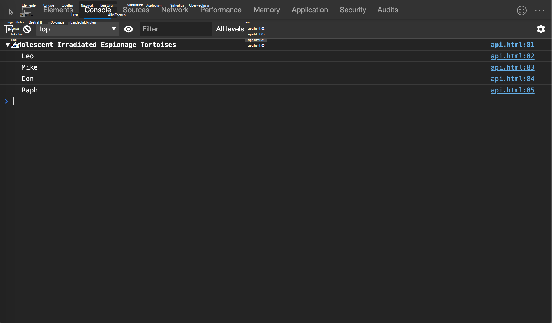 Das Ergebnis des Console.group()-Beispiels