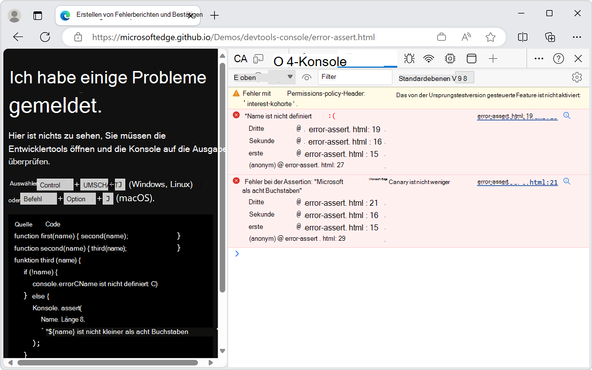 Fehlermeldungen werden in der Konsole angezeigt