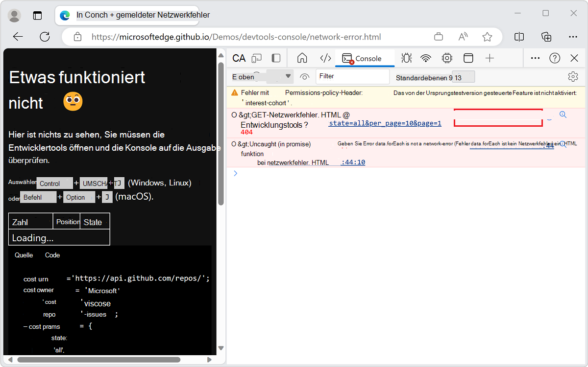 Konsolentoolfehler mit klickbarem Dateinamen und Zeilennummer