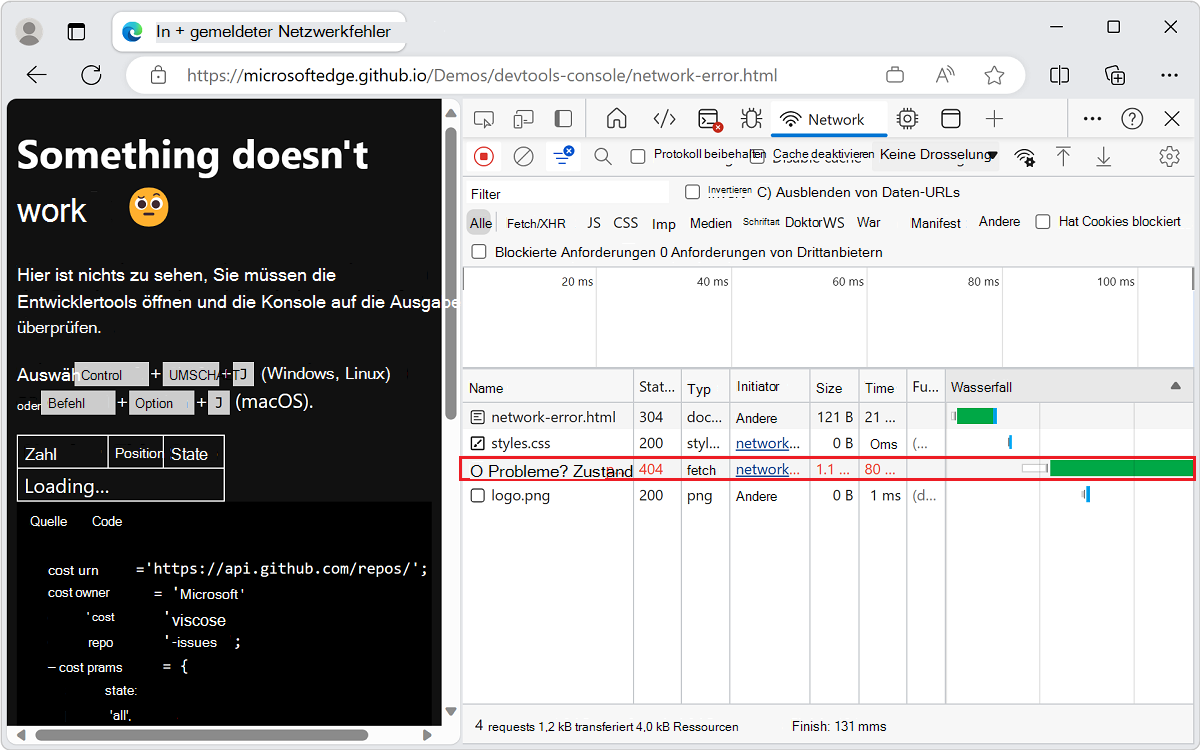 Das Netzwerktool zeigt weitere Informationen zur fehlgeschlagenen Anforderung an.