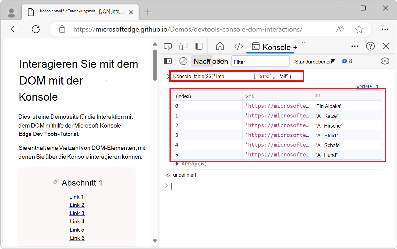 Das Konsolentool mit der Console.table()-Funktion und einer Tabelle, die alle Bilder auflistet