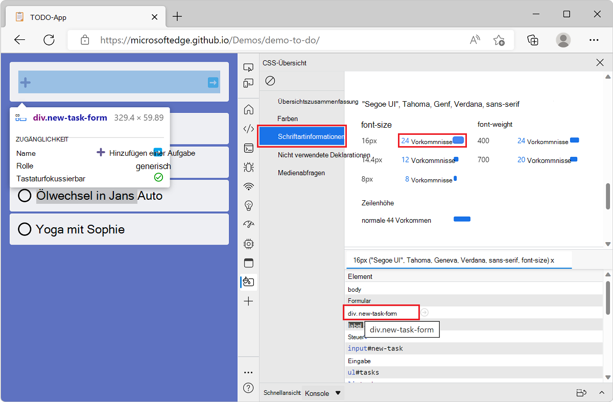 Microsoft Edge mit der ToDO-Listen-Demo-App und DevTools, die die Liste der Elemente für einen bestimmten Schriftgrad und ein hervorgehobenes Element beim Zeigen anzeigt