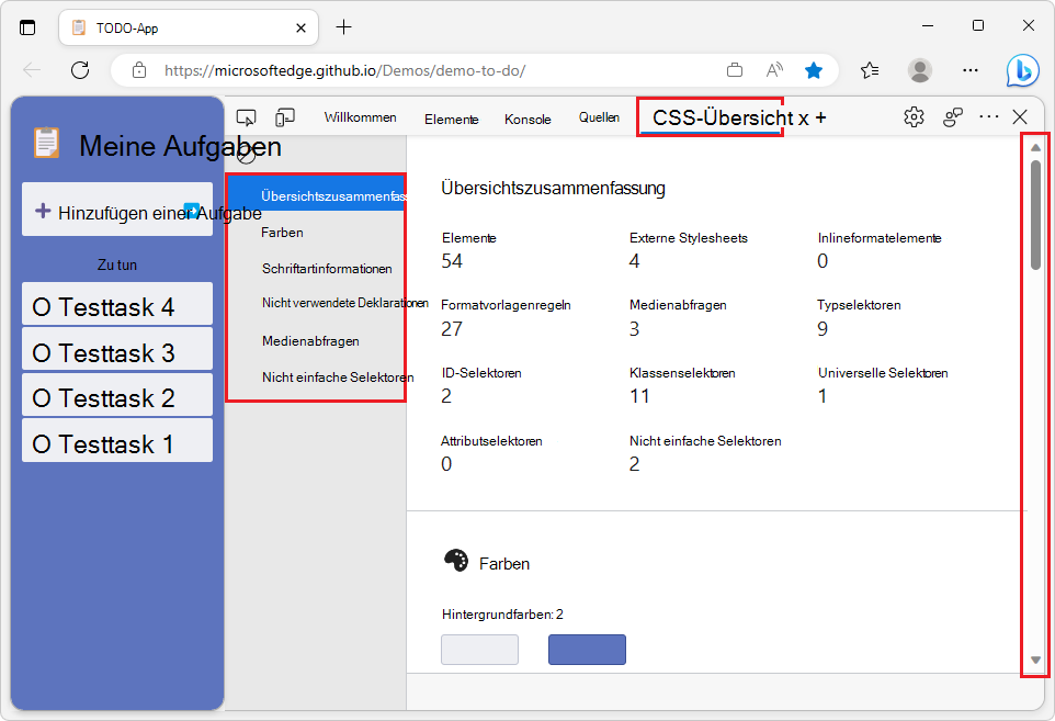 TODO-Demo-App auf der linken Seite, DevTools CSS-Übersichtsbericht auf der rechten Seite mit einer klickbaren Liste von Abschnitten und Scrollleiste