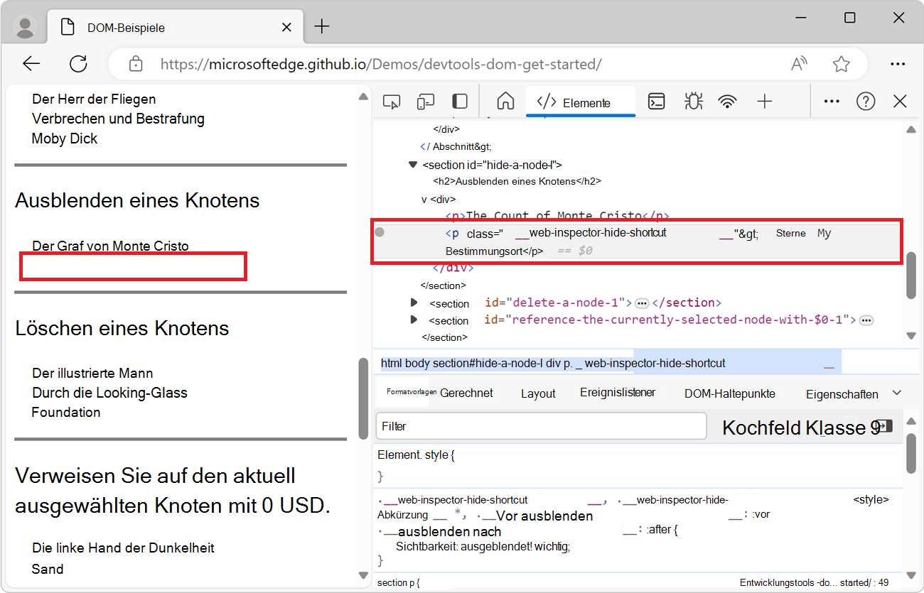 Wie der Knoten in der DOM-Struktur aussieht, nachdem er ausgeblendet wurde