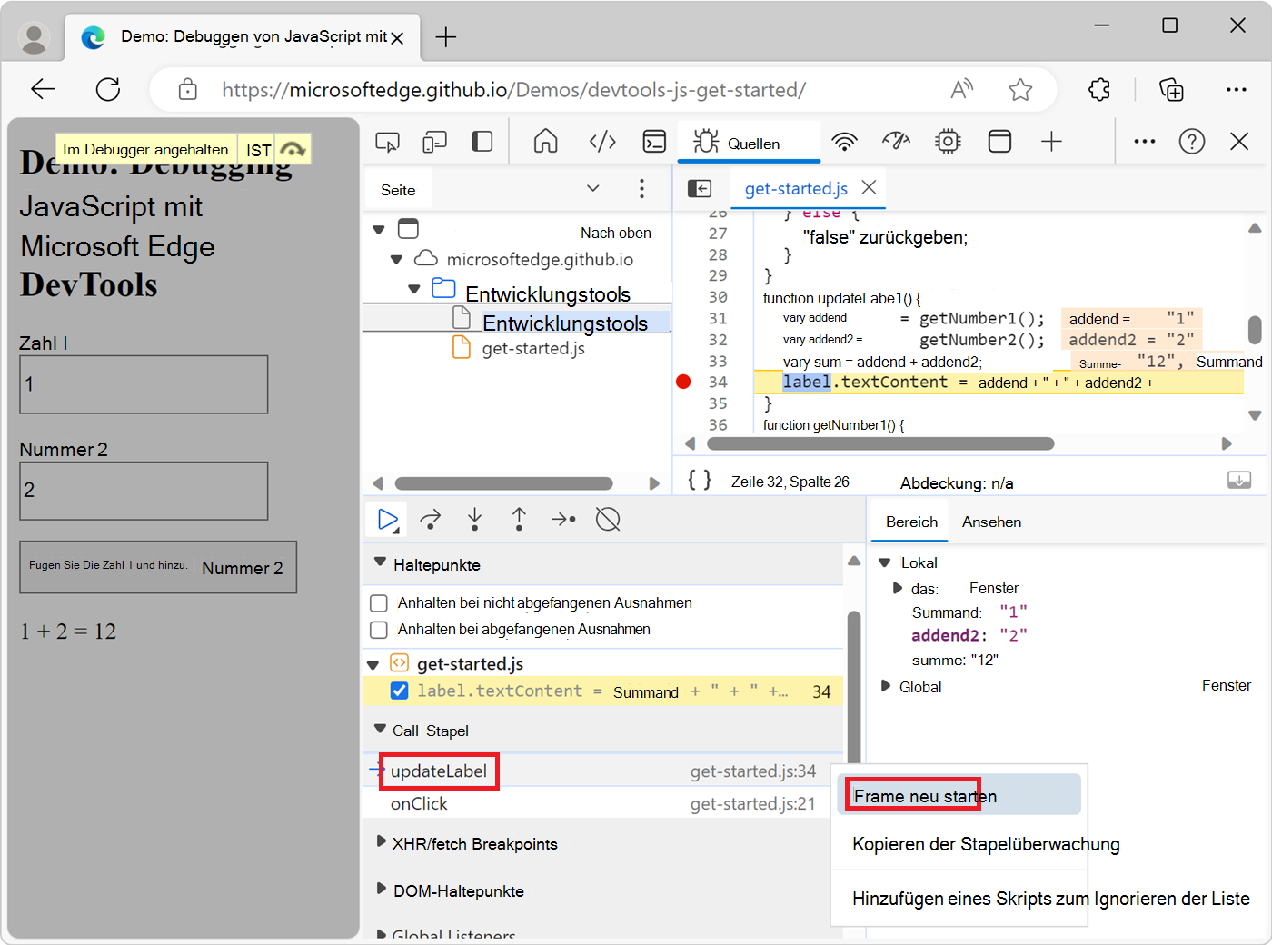 Auswählen von Frame neu starten