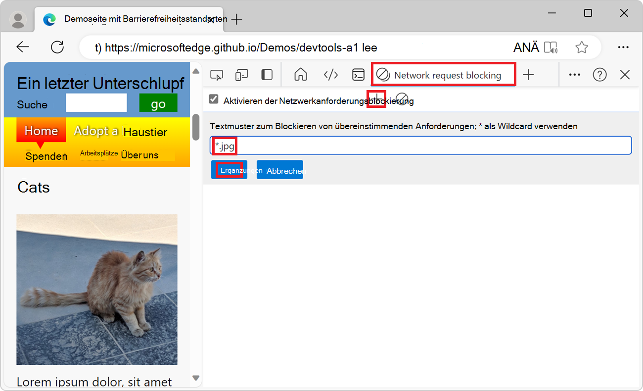 Das Tool zum Blockieren von Netzwerkanforderungen mit dem neuen Blockierungsmuster *.jpg