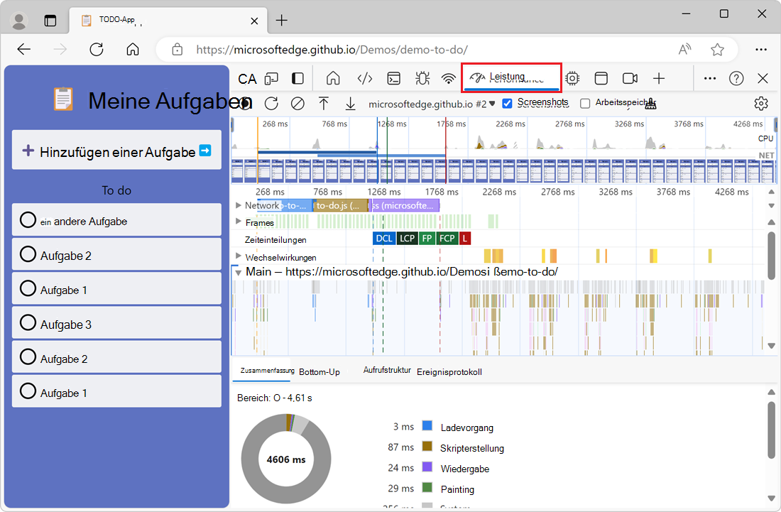 Das Leistungstool, das eine Aufzeichnung der Leistung der Website anzeigt