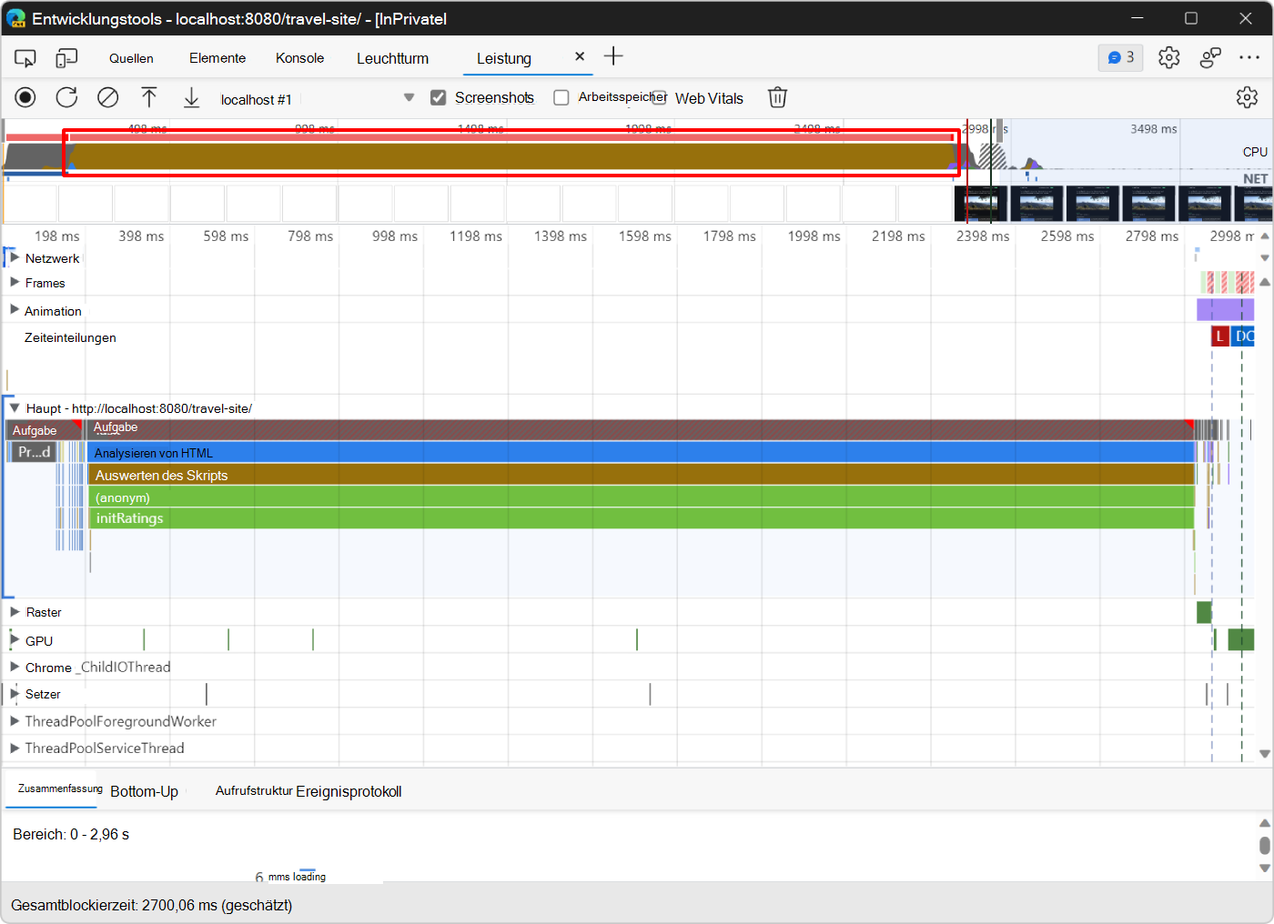 Eine lange Skriptaktivität im CPU-Diagramm