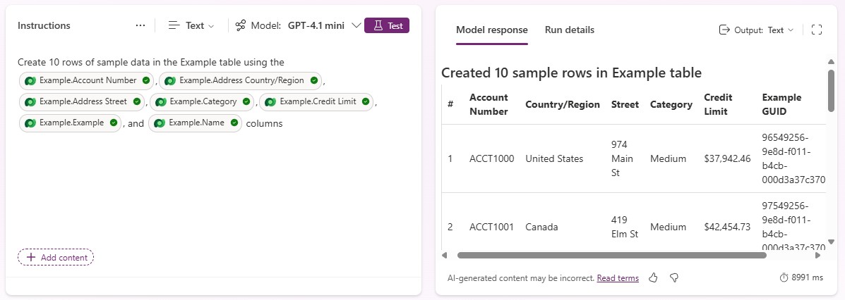 Eine Aufforderung zum Erstellen von Beispieldaten für die sample_example Tabelle