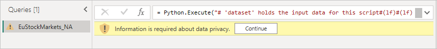 Screenshot des Power Query-Editor-Bereichs mit der Warnung zum Datenschutz.