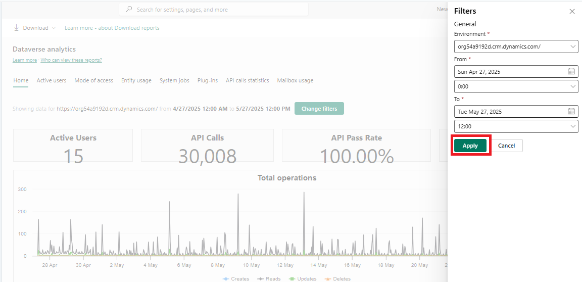 Zeigt den Filterbereich an, wenn die Schaltfläche „Filter ändern“ auf der Dataverse-Analyseseite ausgewählt wird.
