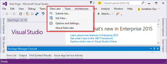 U-SQL Visual Studio-Menü