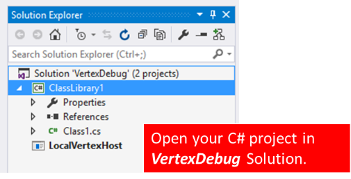 Screenshot des Projektmappen-Explorers in Visual Studio, der die VertexDebug-Lösung zeigt.