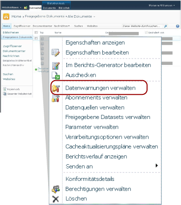 Öffnen des Warnungs-Managers über das Berichtskontextmenü