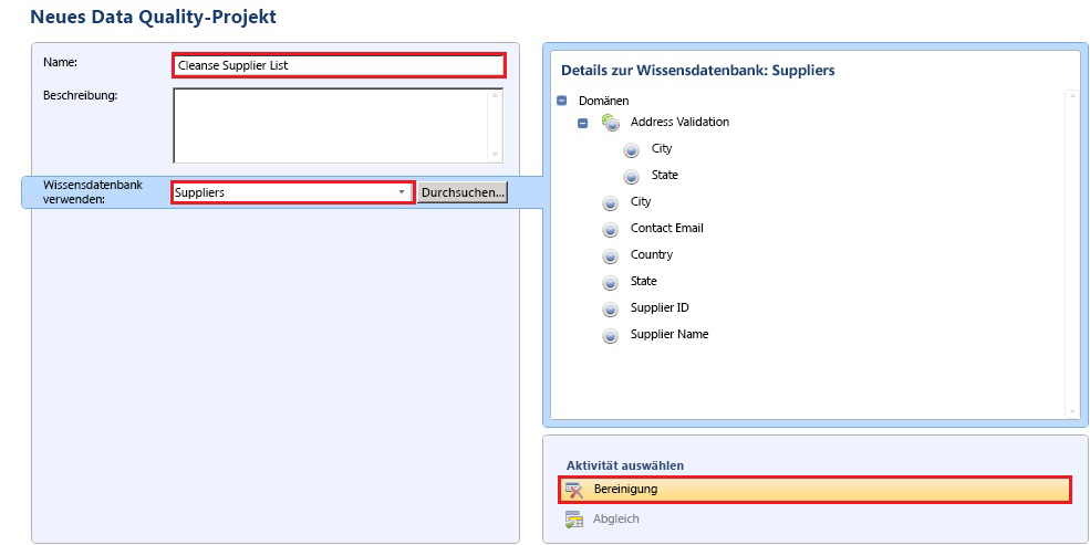 Seite "Neues Data Quality-Projekt" – "Bereinigung" ausgewählt