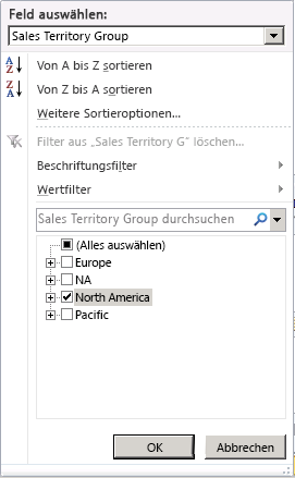 Filterbereich für die Auswahl von "North America"