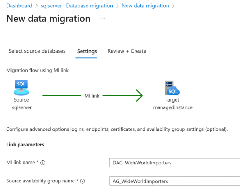 Screenshot der Linkparameter auf der Einstellungsseite einer neuen Datenmigration im Azure-Portal.