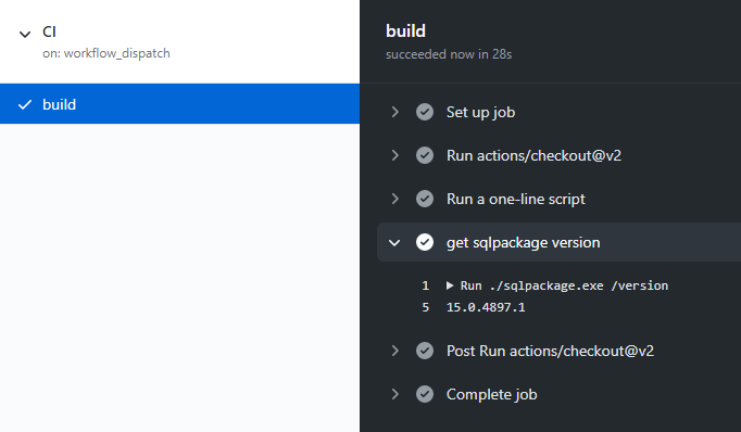 Ausgabe der GitHub-Aktion mit Buildnummer 15.0.4897.1