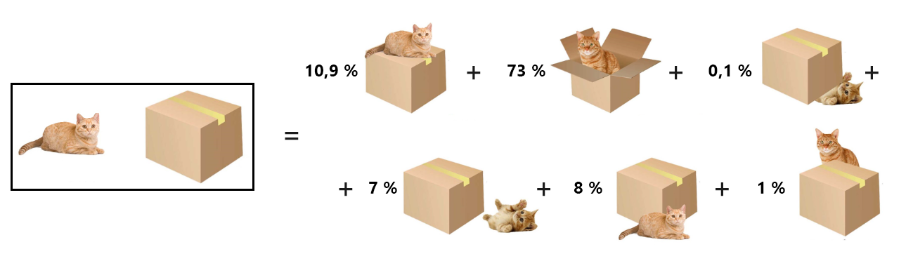 Diagramm eines Überlagerungszustands des Systems, bei dem es sich um die Summe der sechs verschiedenen Positionen der Katze im Hinblick auf das Feld handelt, gewichtet durch die Wahrscheinlichkeit, die Katze an jeder Position zu finden.