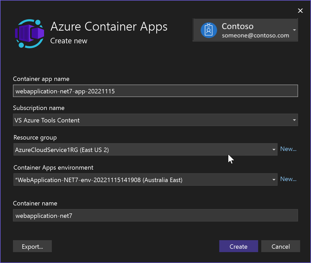 Screenshot, der das Erstellen einer neuen Azure-Container-App zeigt.