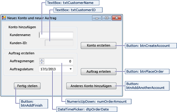 Screenshot, der die Details des NewCustomer-Formulars zeigt.