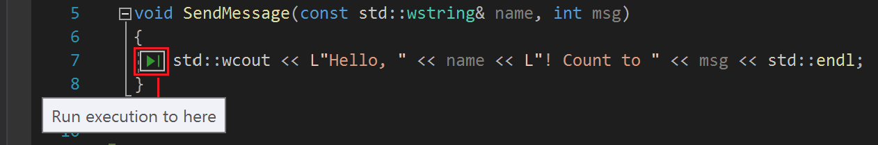 Screenshot, der die Funktion Ausführung auf Klick und die Aktions-Tooltip im Debugger zeigt.