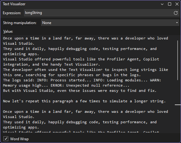 Screenshot des Textzeichenfolgen-Visualizers.