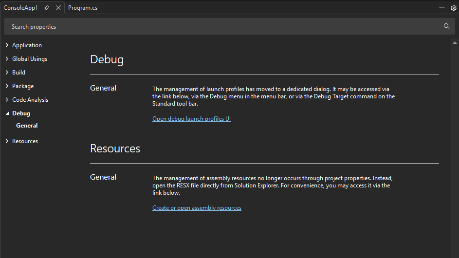 Screenshot, der die Projekteigenschaften zeigt.
