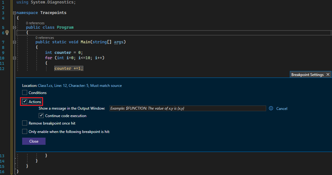 Screenshot des Haltepunktfensters, in dem das Feld 