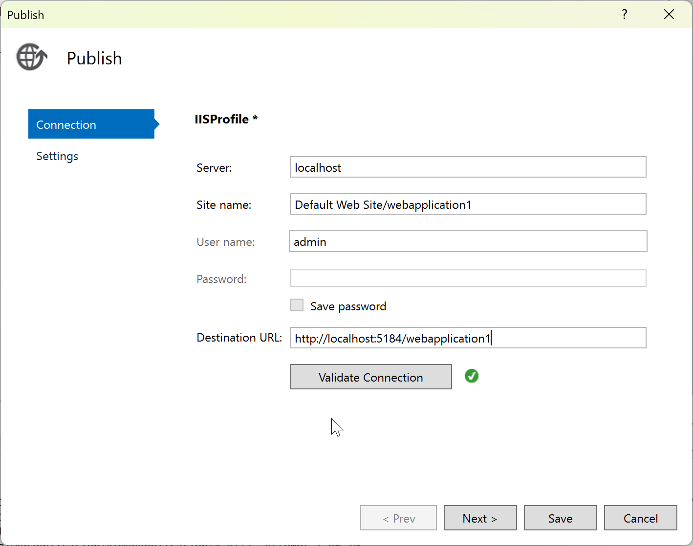 Screenshot: Bildschirm des Veröffentlichungs-Assistenten zum Veröffentlichen in IIS mit der Option „Web Deploy“.