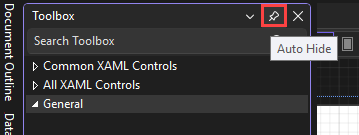 Screenshot mit dem hervorgehobenen Symbol „Anheften“ in der oberen Leiste des Toolboxfensters.