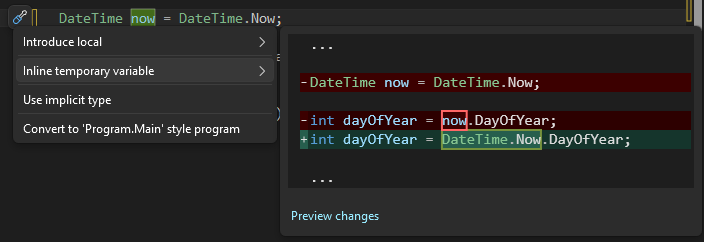 Screenshot mit dem Vorschlag für temporäre Inlinevariablen in Visual Studio.
