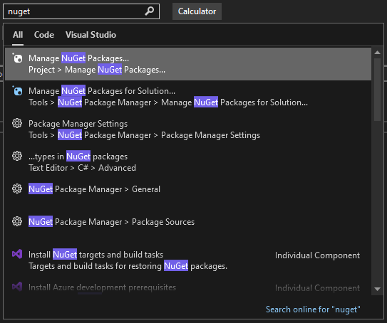 Screenshot mit dem Suchfeld für die Schnellstartleiste in Visual Studio 2022.