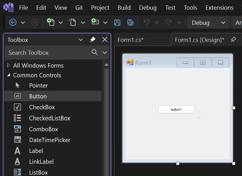 Screenshot, der das Formular mit gerade hinzugefügter Schaltfläche zeigt.