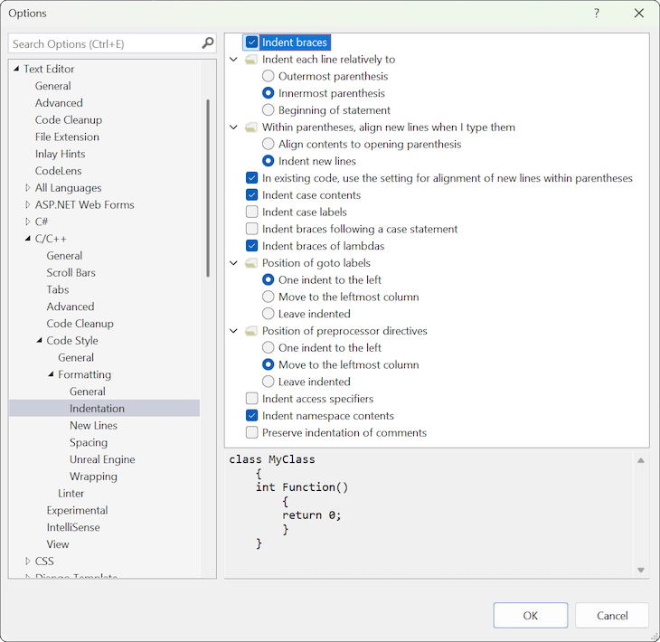 Screenshot der Einstellungen für die Einzugsformatierung für die Sprache C/C++ mit einer ausgewählten Einstellung, die im Vorschaubereich veranschaulicht wird.