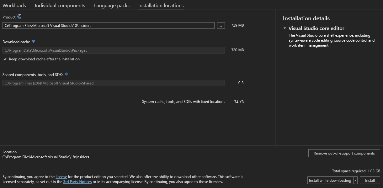 Screenshot: Registerkarte „Installationspfade“ im Visual Studio-Installer.