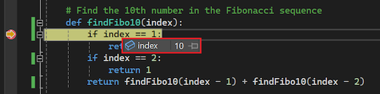 Screenshot, der den DataTips-Wert für eine Variable im Visual Studio Debugger zeigt.