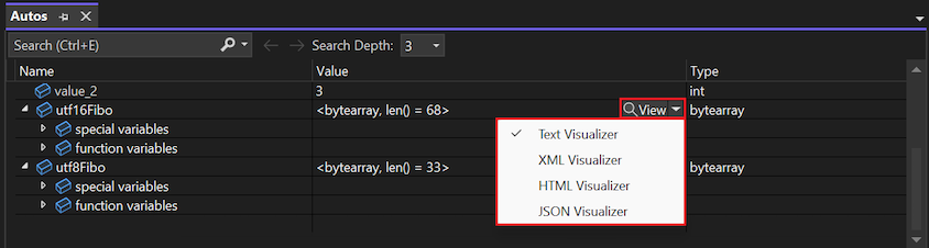 Screenshot, der zeigt, wie Sie über die Ansichtslupe im Visual Studio Debugger auf Visualizer zugreifen können.