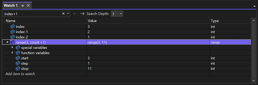Screenshot, der das Überwachungsfenster im Visual Studio-Debugger zeigt.