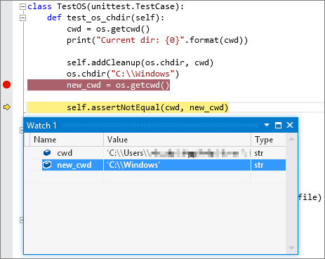 Screenshot der Debugausgabe für einen Python-Komponententest in Visual Studio.