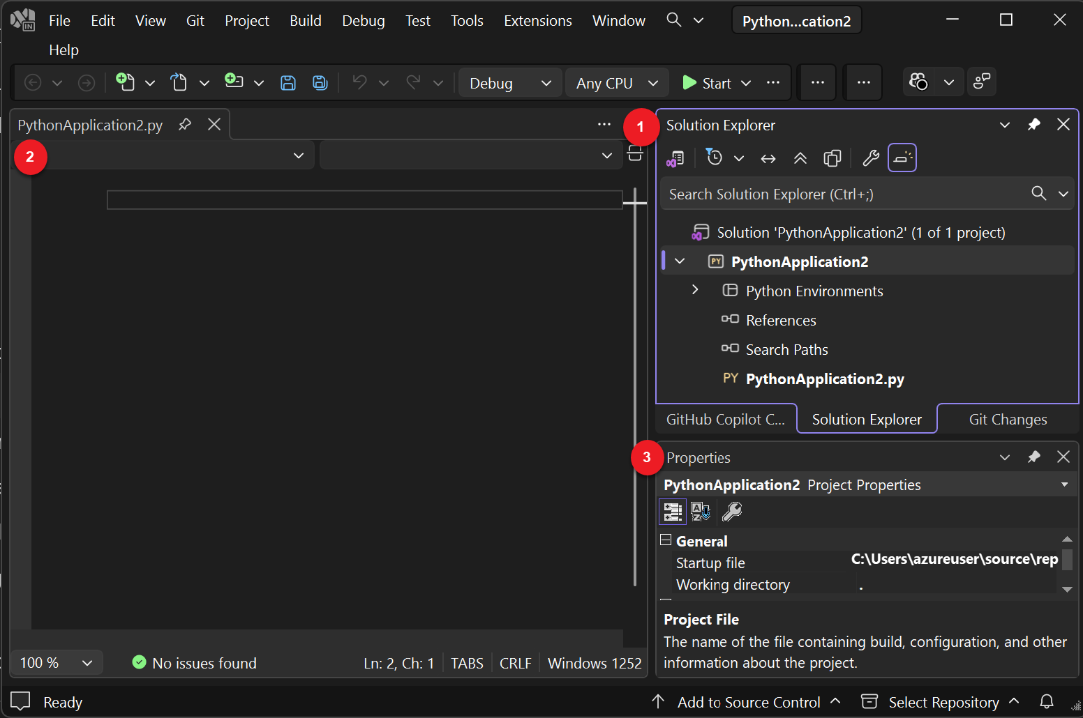 Screenshot des neuen Projekts, das in Visual Studio geöffnet ist.