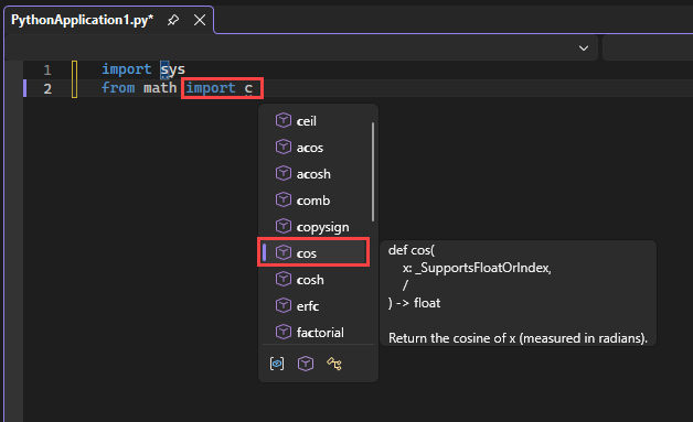 Screenshot, der zeigt, wie IntelliSense die verfügbaren Modulelemente für die Importfunktion im Editor in Visual Studio anzeigt.