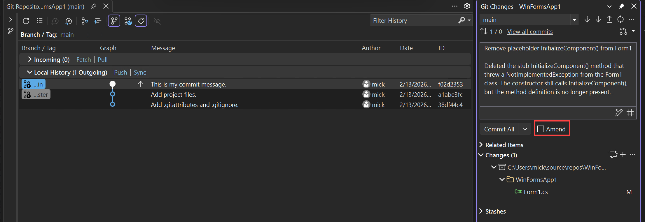 Screenshot zum Ändern von Codeänderungen im Git-Fenster 