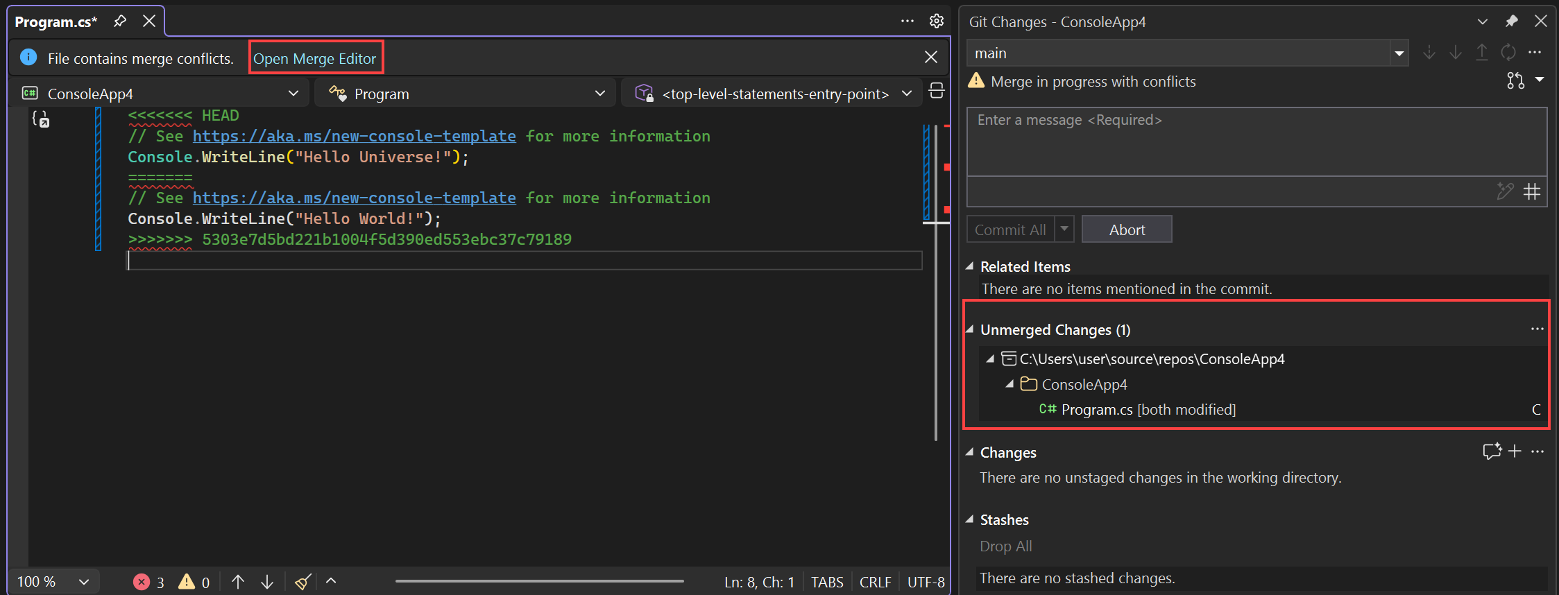 Screenshot, der den Merge-Konfliktstatus im Git-Fenster „Änderungen“ zeigt.