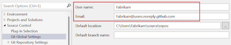 Screenshot der Optionen für globale Git-Einstellungen im Dialogfeld 
