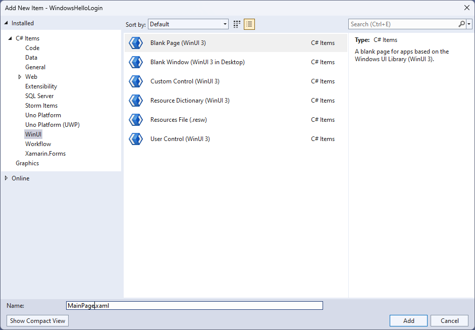Ein Screenshot, um eine neue Leere Seite zum Projekt Windows Hello Login hinzuzufügen