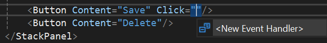 Ein Screenshot der neuen Visual Studio Ereignishandler-Autovervollständigungs-UI im XAML-Editor