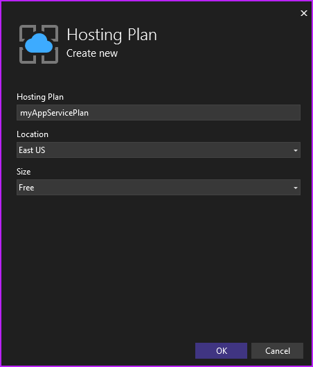 Screenshot that shows creating the Hosting Plan.